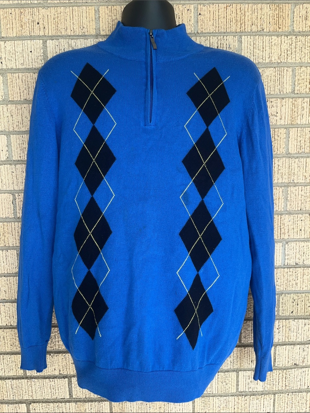 PGA Tour 1/4 Zip Argyle Golf Sweater Sz L Lightweight Blue Black Yellow